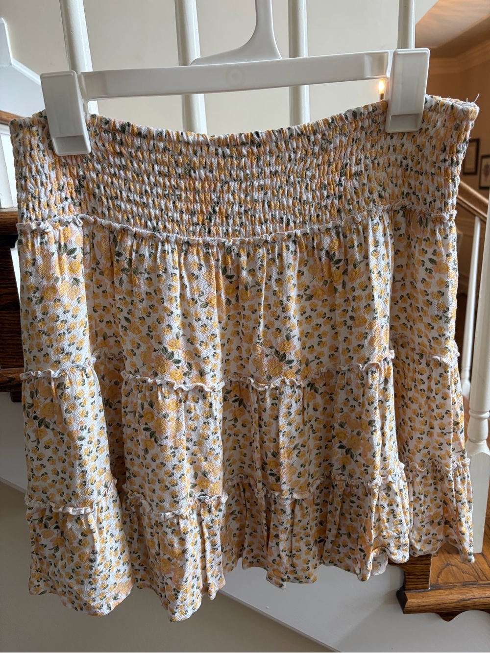 Large American Eagle Outfitters Yellow Floral Smocked Tiered Mini Skirt